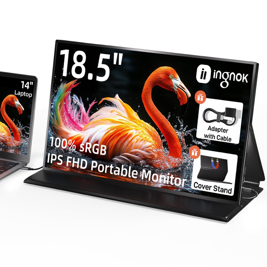 INGNOK Portable Monitor, 18.5 Inch FHD 1080P 100% sRGB Laptop Screen Extender USB C HDMI Portable Gaming Monitor w/Smart Cover & Speakers,for Laptop Mac PC