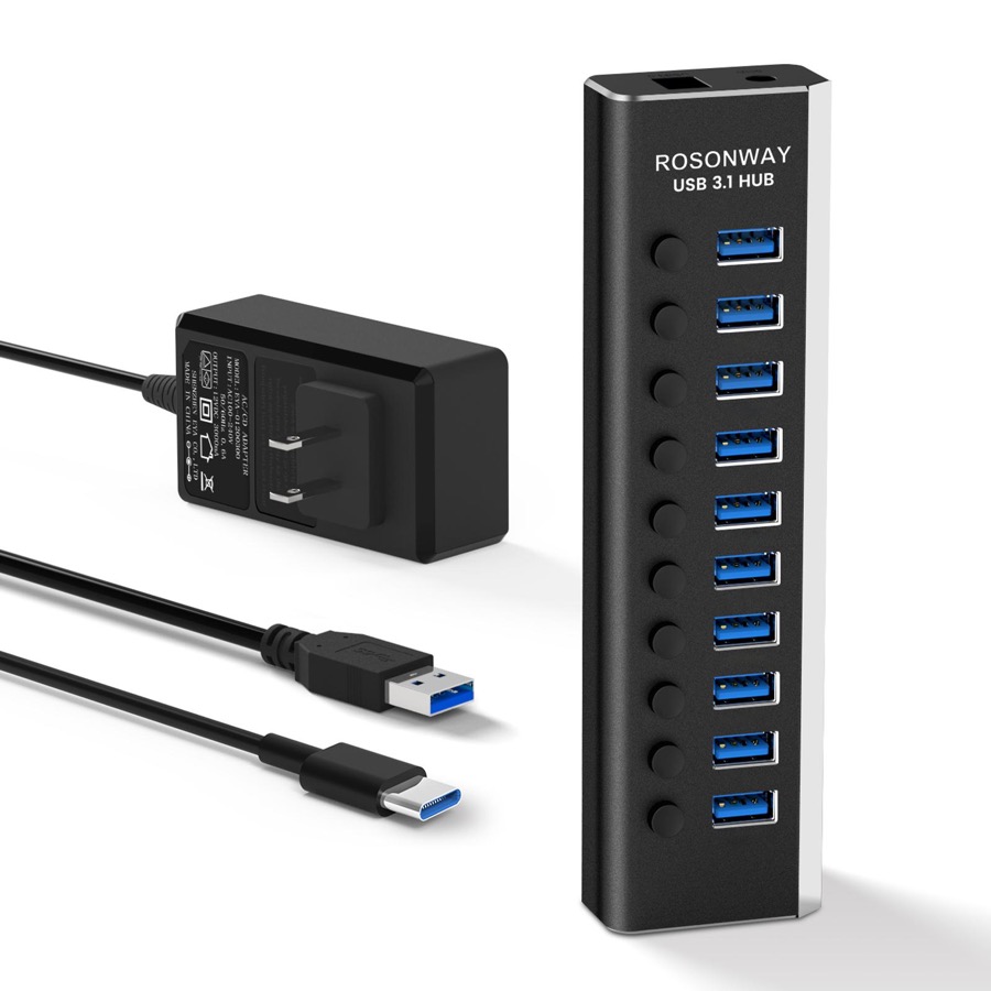 Powered USB Hub, Rosonway 10 Port USB 3.1 Hub 10Gbps with 36W (12V/3A) Power Adapter, Type A and Type C Cables, Aluminum USB C Hub Splitter for PC and Laptop (RSH-A10S)